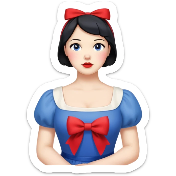 Snow White from hips up, blue and yellow dress, short black hair with red bow, minimal style, larger size sticker
