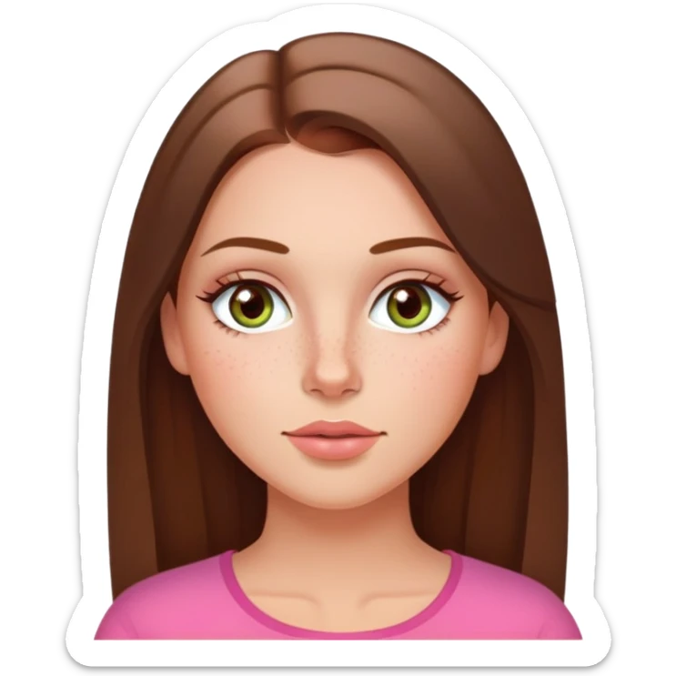 Long hair straight Brunette and hazel green eyes  slightly tanned white girl with pink peach lips and rosy red cheeks with a few freckles sticker