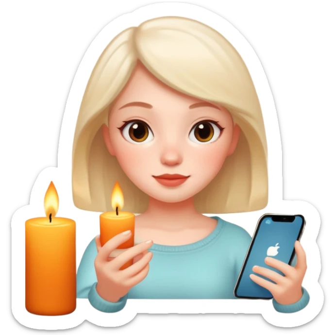 girl relaxing with a scented candle, iPhone memoji style, white skin sticker