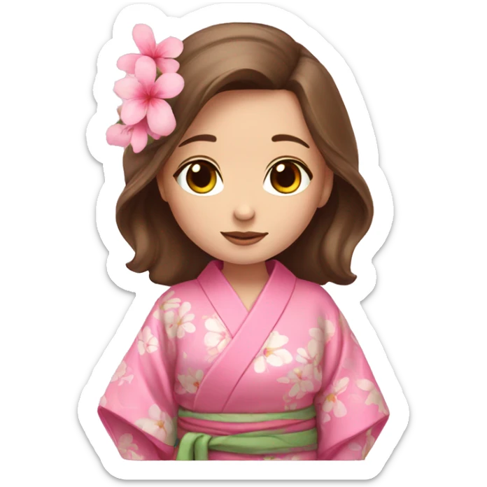 cute girl with blue eyes and brown hair in pink flower kimono sticker