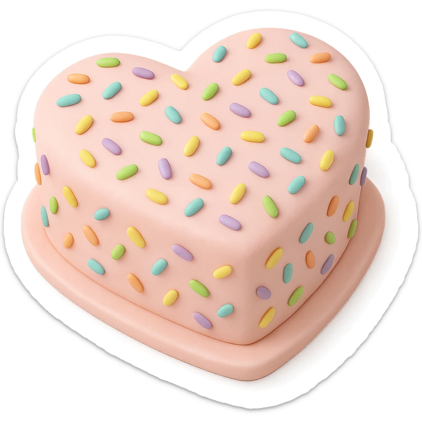 heart-shaped fondant cake with rainbow confetti sticker