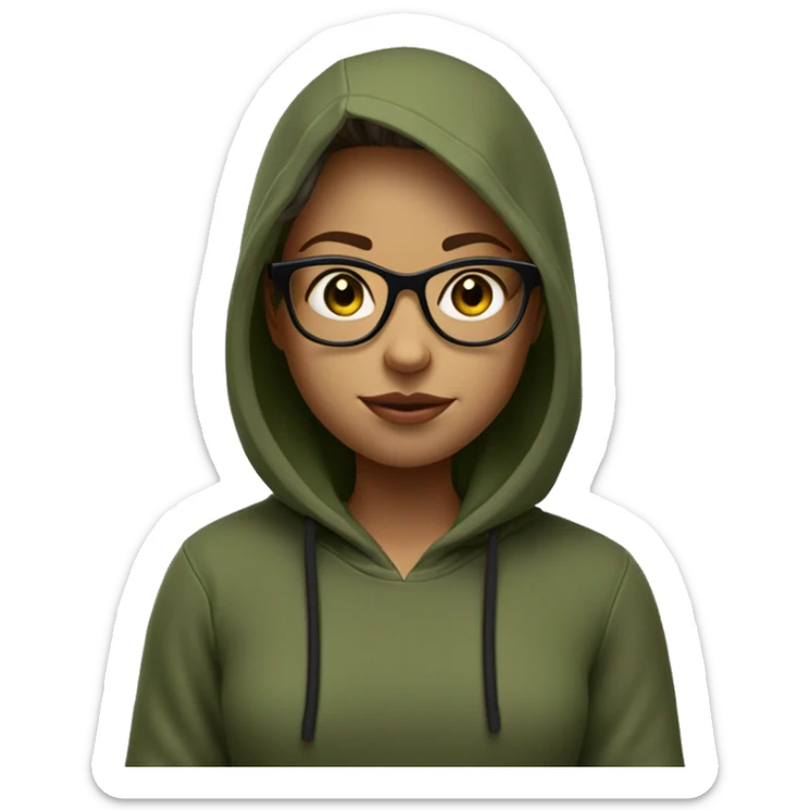 Make 3D illustration  is a girl Shoulder length hair and eye glasses of an animated character sitting turn one's head straight face and black eyes but eye glasses square is olive green and wearing black hoodie but not use hoodie to head sticker
