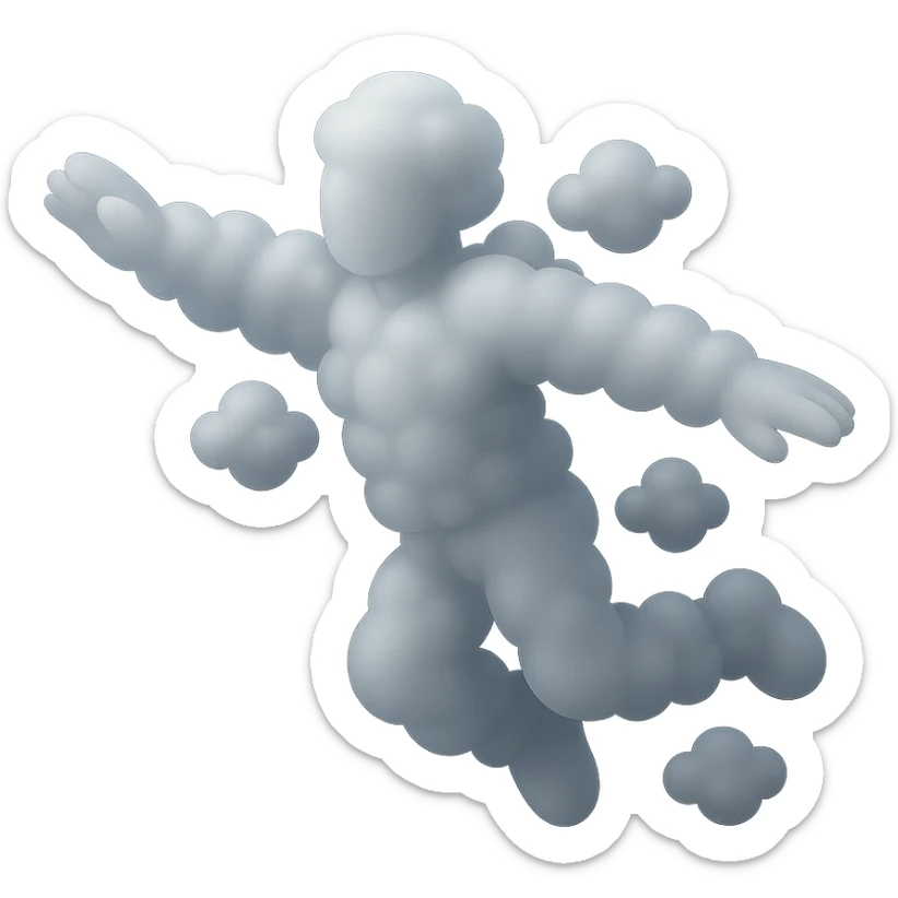 a person flying in the air, entirely made of small fluffy white clouds, matte glass style, no background, no shadows, no extra details sticker