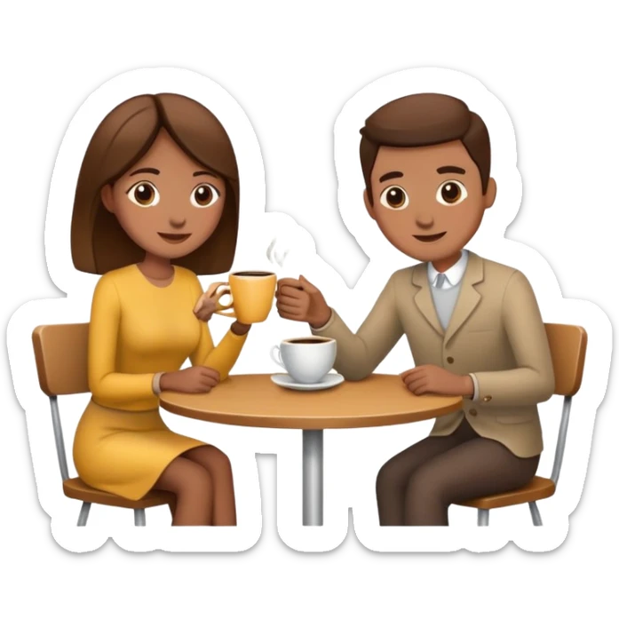 A couple sitting at table and having a cup of coffee in front of them sticker