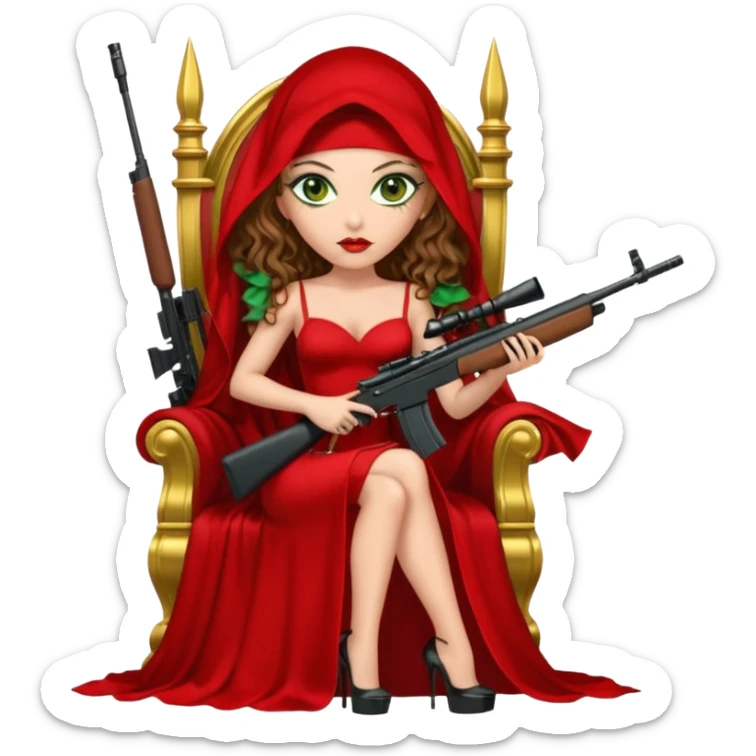 Drug dealer female green eyes symbol.  hair is brown curly long hair. sexy long with long red and black dress and face veion that covers her mouth only. black stiletto platform high heels shoes on. Holding sniper rifle sitting on a gold throne. sticker