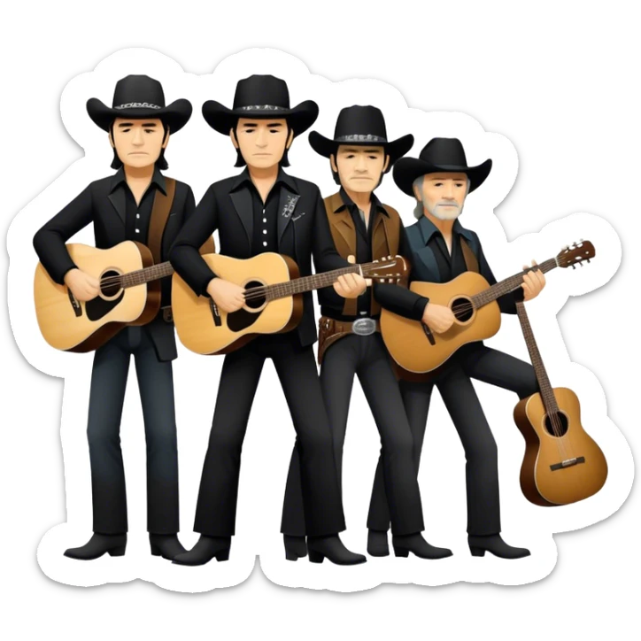 Icon for Country Music: The Highwaymen group, featuring silhouettes of Johnny Cash, Willie Nelson, Waylon Jennings, and Kris Kristofferson with guitars and cowboy hats. A subtle western backdrop with music notes reflects the spirit of classic country. Transparent background. sticker