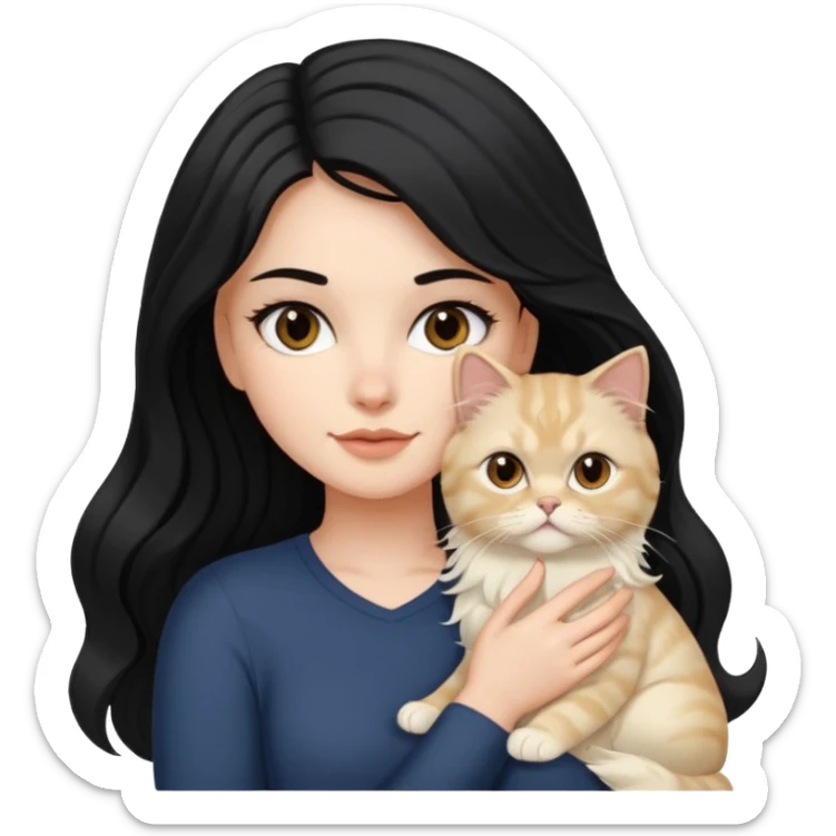 A white girl with brown eyes and black hair long downward wave is holding her blonde persian cat sticker