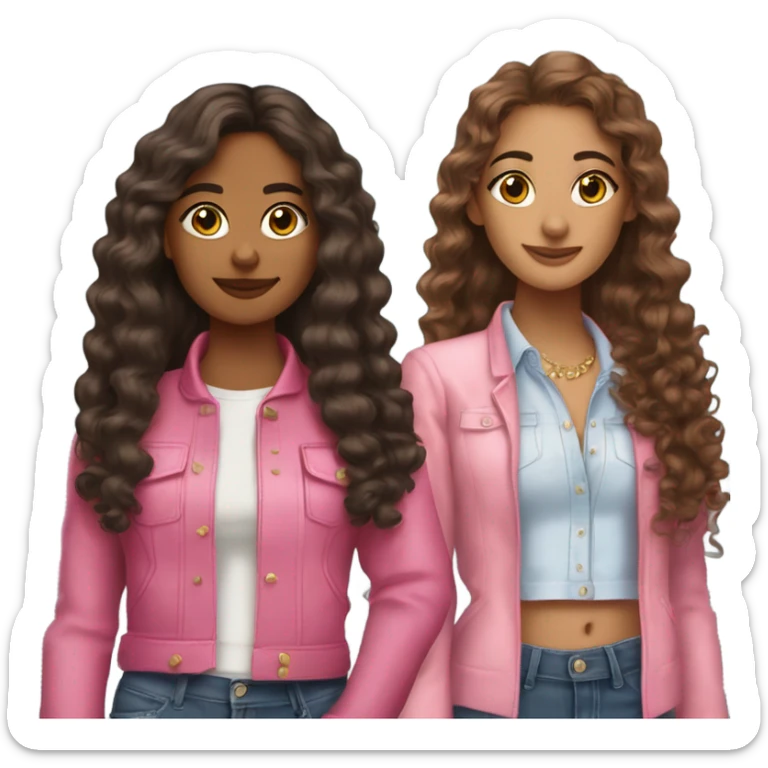 two Latina best friends wearing pink. Long hair. One curly hair and one straight hair. Boujie classy outfits sticker