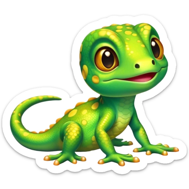 Cinematic Cute Gecko Portrait Emoji, Head tilted playfully and inquisitively, featuring a small, charming body with smooth, vividly patterned scales, bright, sparkling eyes and delicate, sticky toe pads, Simplified yet irresistibly adorable features, highly detailed, glowing with a warm, inviting glow, high shine, affectionate and lively, stylized with a touch of tropical whimsy, soft glowing outline, capturing the essence of a mischievous yet loving gecko that appears ready to dart out of the screen into your heart! sticker