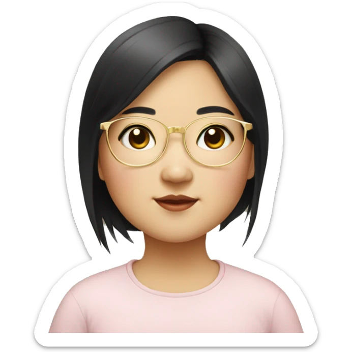 Cute Chubby asian girl wearing a thin gold glasses, long black hair sticker