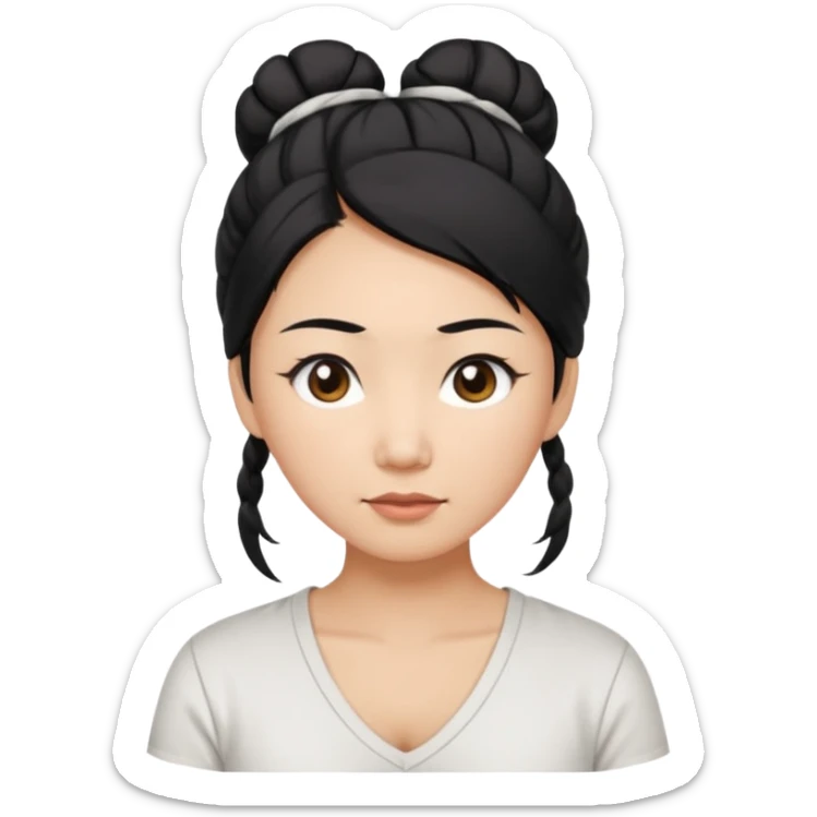 asian mom with long black hair tied in up in a messy bun and big brown eyes emoji in a white v neck shirt sticker
