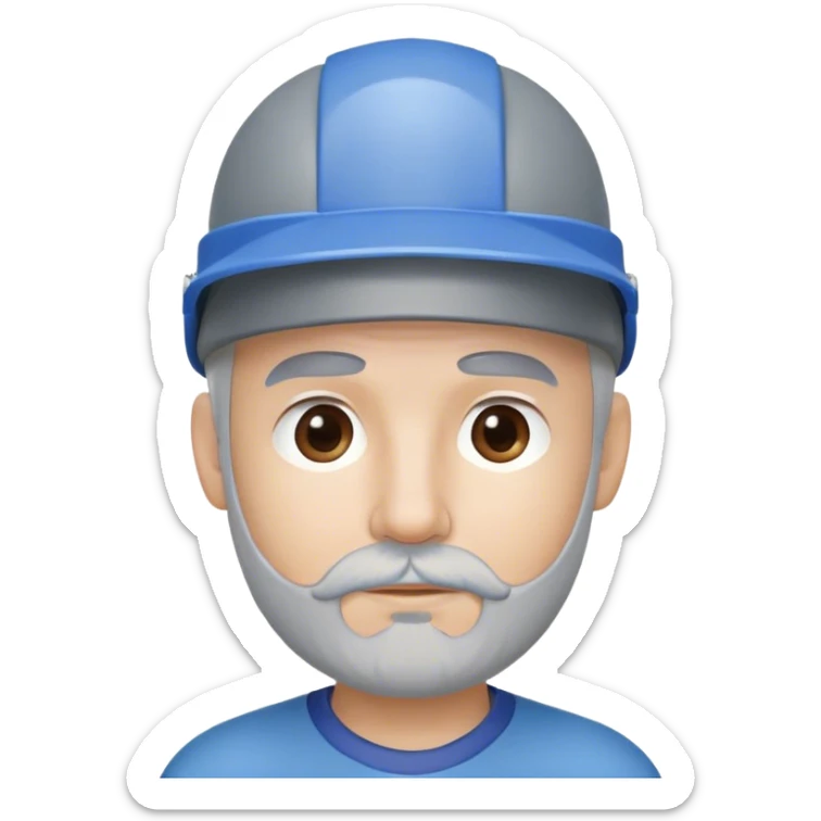a man with a small ball of gray hair on top of his head (the sides are shaved) he’s wearing a blue visor and has a thick gray goatee sticker