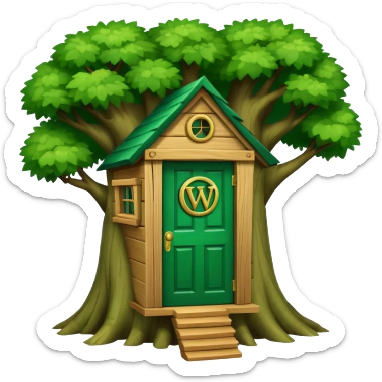 letter W on the side wall of a treehouse with an emerald green door, in a tree sticker