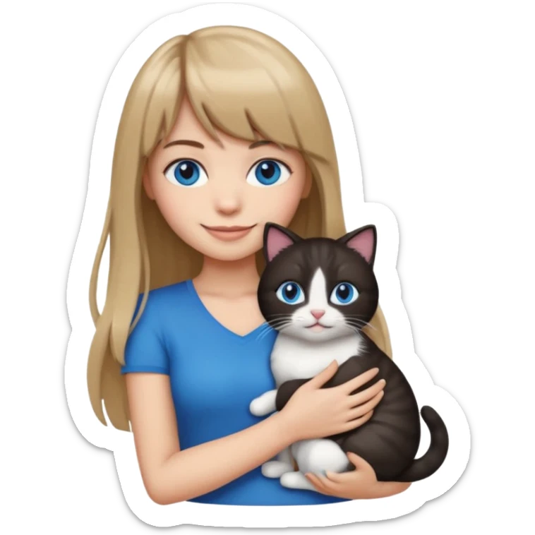Apple-style emoji sticker of a young woman with long dark blond hair and bangs, blue eyes , holding a black-and-white cat on her chest, both smiling.  sticker