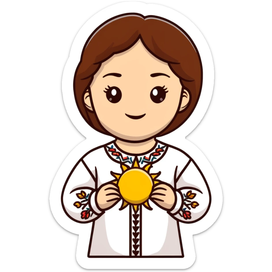 Young Ukrainian girl with brown hair wearing a white traditional embroidered shirt holding the sun in her hand sticker