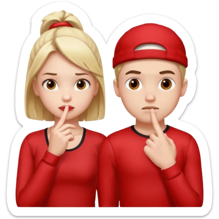 Girl and boy in red gym clothes and thoughtful faces and They have one hand on lip sticker