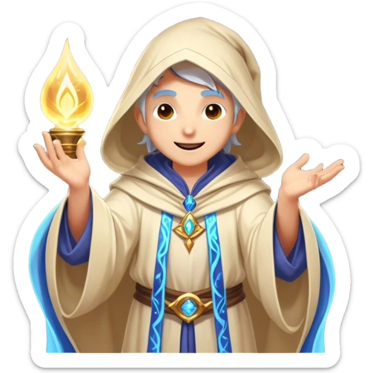Clash of Clans aesthetic Cheerful Mage Portrait Emoji, With a bright, joyful expression and an aura of radiant magic, showcasing a stylish, robed figure with flowing garments and sparkling eyes in natural skin tone that convey boundless curiosity, Simplified yet expressive features, highly detailed, glowing with a soft, luminous mystical light, high shine, upbeat and wise, stylized with an air of fantastical wizardry, soft glowing outline, capturing the essence of a cheerful mage ready to cast spells of wonder on legendary quests! sticker