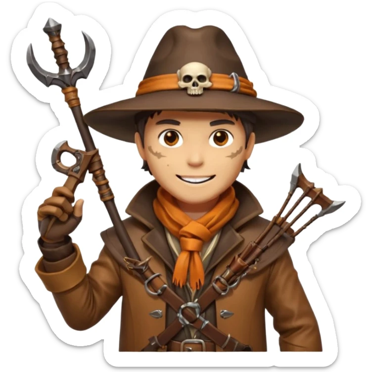 male human monster hunter emoji, wearing brown leather coat and wide hat, holding crossbow, with amulet shaped like skull, Halloween fantasy theme, confident smile, orange scarf, Apple emoji style, clean white background, square image sticker