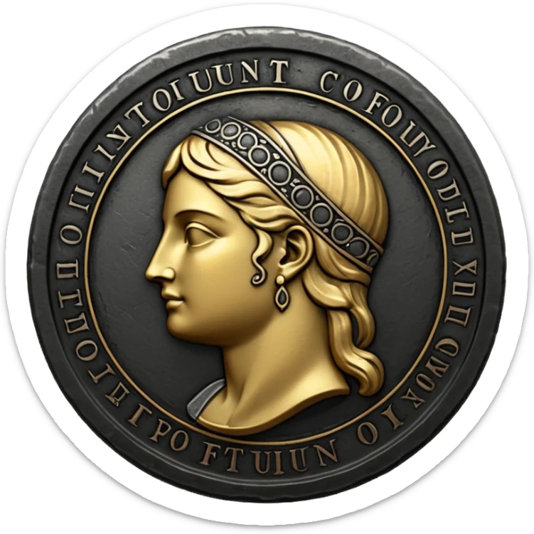 Emoji style, ancient coin made of blackened metal, “FORTUNA” engraved in refined fashion typography, heavy form, subtle worn metal texture, avant-garde editorial aesthetic, no glow, no neon, flat emoji design, centered, transparent background sticker
