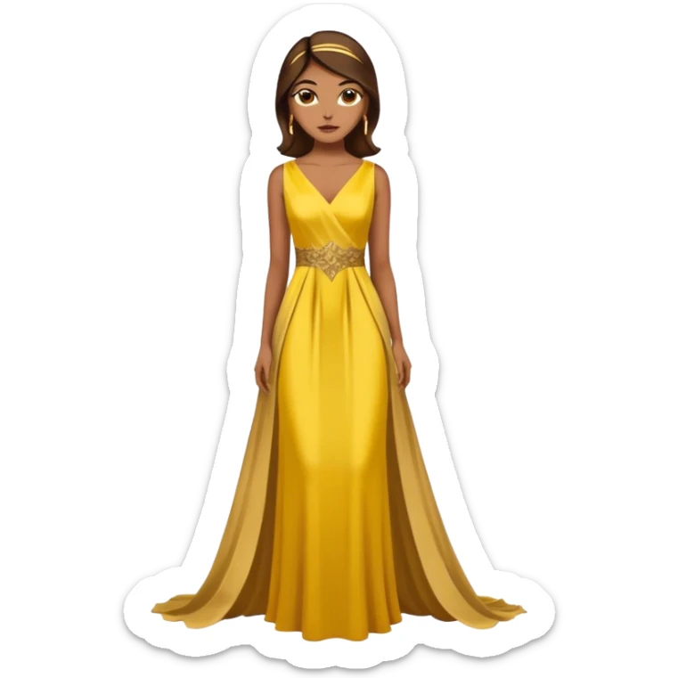 Woman using a long elegant yellow dress. She has medium skin tone and a brown with gold makeup sticker