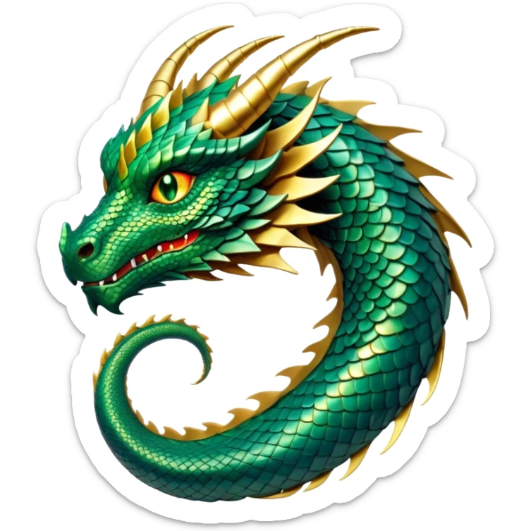 Cinematic Noble Dragon Portrait Emoji, Poised and majestic, with a sinuous, elongated body covered in intricately detailed, shimmering scales in hues of emerald and gold, and piercing, fiery eyes that reflect ancient wisdom; rendered with lifelike texture and natural highlights, high shine, intelligent and formidable, styled with an aura of mythic power, focused and attentive, soft glowing outline, capturing the essence of a legendary dragon that appears ready to soar out of the screen with timeless authority! sticker