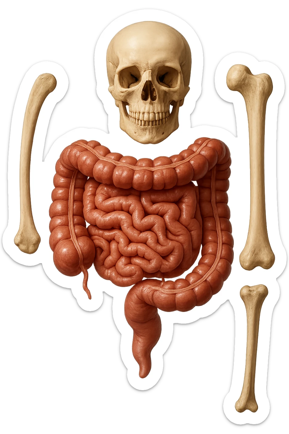 intestino umano anatomico e ossa umano anatomico fluttuano in aria, iperrealistico 4k sticker