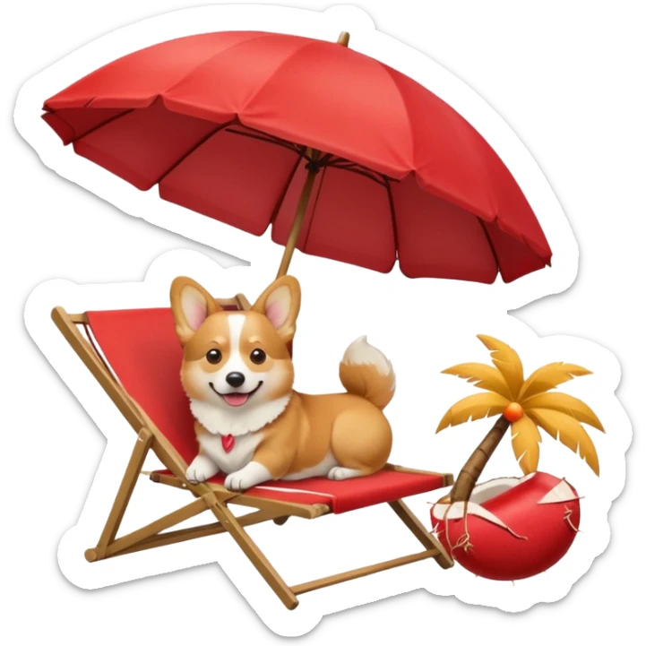 a corgi dog laied on a beach chair, a sunny beach, a sun umbrella, and beach coconut trees. the icon should capture the essence of a relaxing beach vacation with a carefree atmosphere sticker