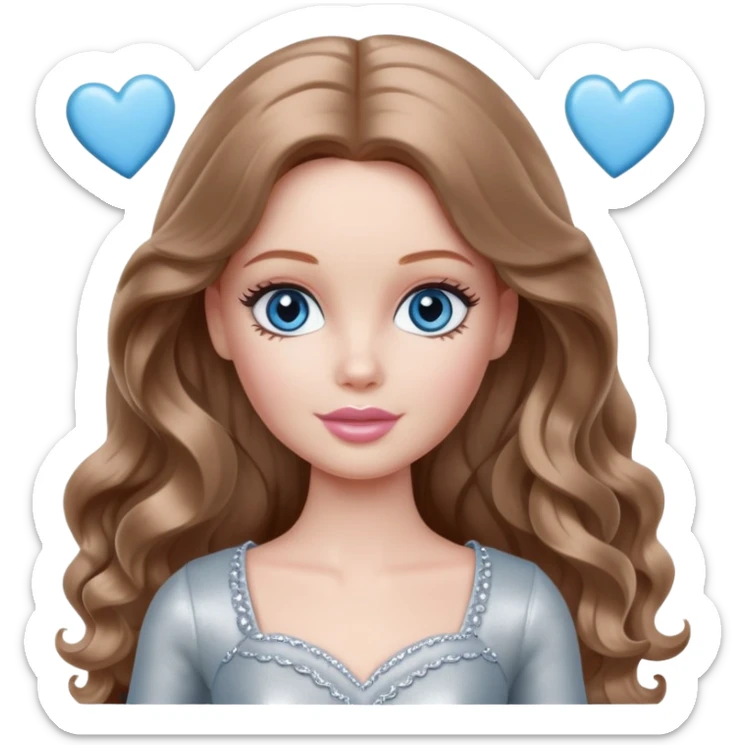 There are grey hearts all around Barbie girl Chestnut long wavy hair and blue eyes is In pale silver clothes sticker