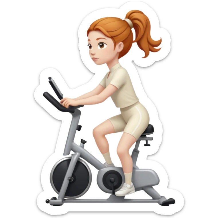 Ginger girl clean girl sleek bun middle part riding stationary bike cream outfit sticker