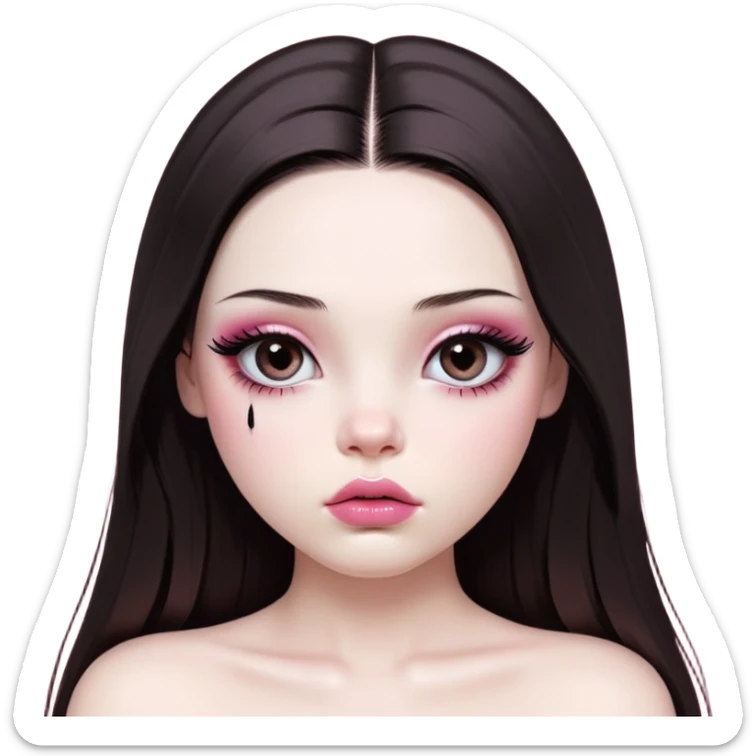 girl with white skin, dark brown long realistic straight hair with middle part prominently falling in front of her body over her shoulders, very big pouty extremely glossy ultra-shiny lips with nude reddish-pink lip gloss and absolutely no cupid's bow, big round eyes with very black shiny eyeballs and huge eyelashes, no eyeshadow, pink blush on cheeks, lighter button nose, extremely long oval-shaped face, wearing a pink off-shoulder top, looking directly at camera with hands down at sides sticker