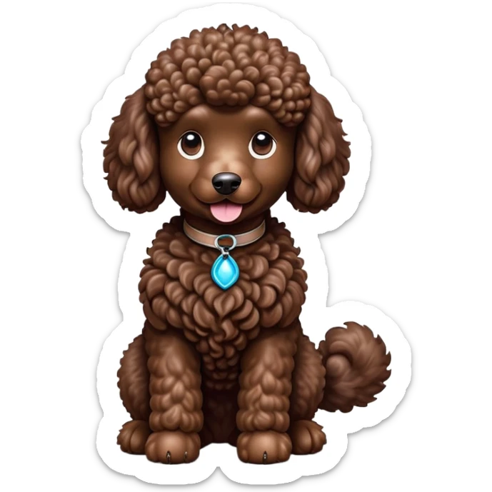 cinematic-[poodle]-realistic-full-body-sitting-emoji,-tail-resting-loosely-beside-its-paws,-head-tilted-dramatically, -curly-[chocolate]-fur,-simplified-yet-realistic-focused-features,-highly-detailed,-glowing-with-an-almost-sarcastic-glow sticker