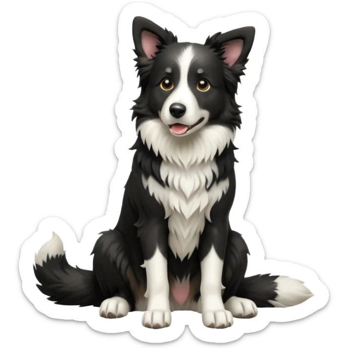 cinematic-[border collie dog]-realistic-full-body-sitting-emoji,-tail-resting-loosely-beside-its-paws,-head-tilted-dramatically,-scruffy-[black and white]-fur,-simplified-yet-realistic-focused-features,-highly-detailed,-glowing-with-an-almost-sarcastic-glow sticker
