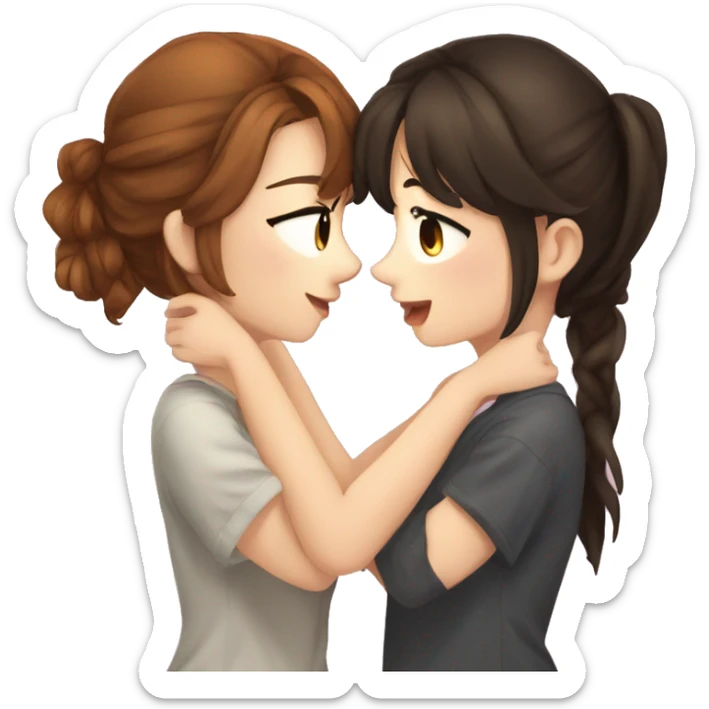 I need two cute anime brunette girls kissing. One with freckles. Super cute anime style. sticker