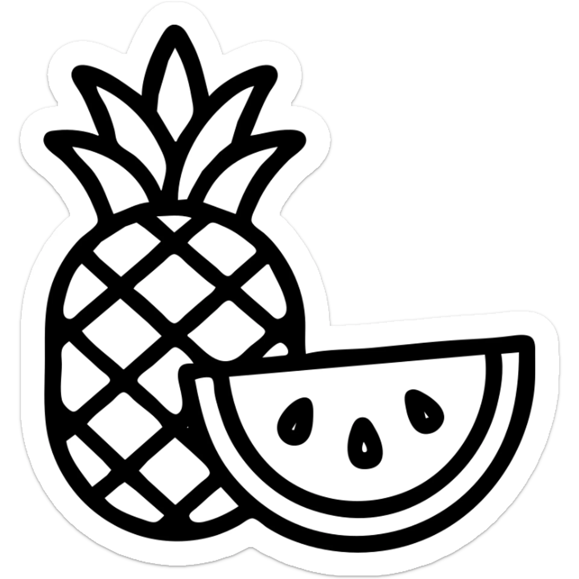 thick line outline icon of a pineapple next to a slice of watermelon, no fill, just contour sticker