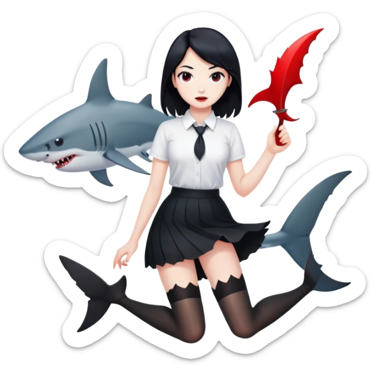 A girl in a white shirt, a black skirt and stockings with black hair, but there are glimpses of red on some areas of hair and also with a shark tail sticker
