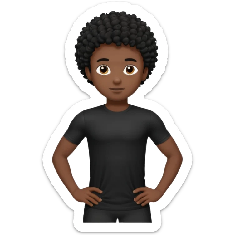 Generate a emoji of a black boy with dark skin, wearing a black compressed T-shirt, with short and very curly black hair sticker
