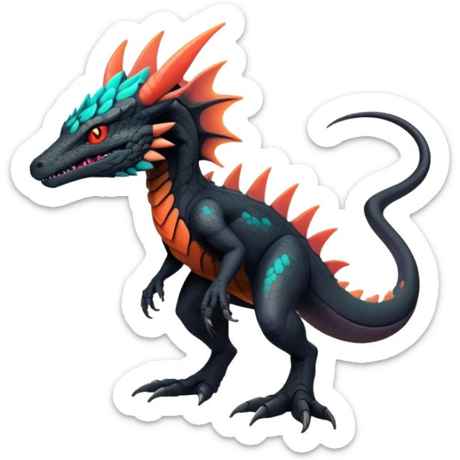 futuristic lush warm-colored neon-colored Fakémon-Trico-Nargacuga-Salandit-creature (full body) sticker