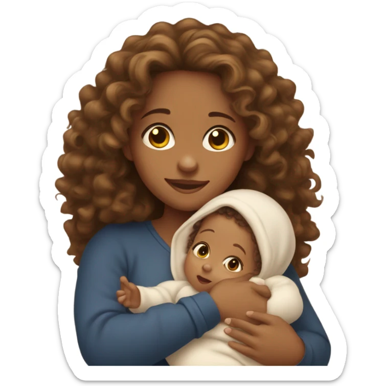 Tan girl with long curly hair and hazel eyes holding newborn baby boy in arms  sticker