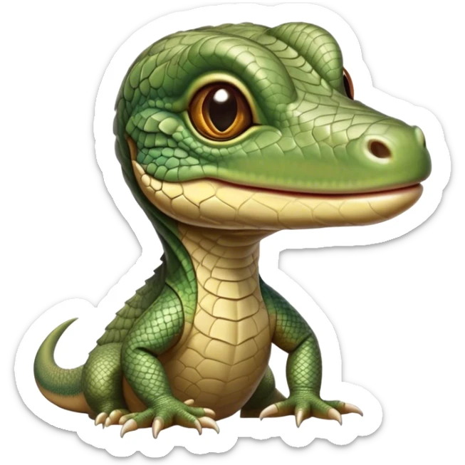 Cinematic Realistic Cute Monitor Lizard Portrait Emoji, Head tilted playfully and inquisitively, featuring a compact, agile body with finely detailed, glossy scales in earthy olive hues and a distinct, alert face with bright, curious eyes, rendered with lifelike natural highlights, high shine, affectionate and spirited, styled with a touch of rugged whimsy, soft glowing outline, capturing the essence of a mischievous yet lovable monitor lizard that seems poised to scurry playfully into your arms! sticker