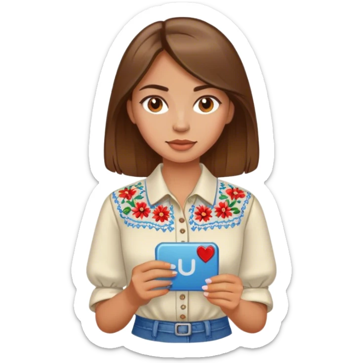 A Ukrainian girl with brown hair in an embroidered shirt holds a magnet sticker