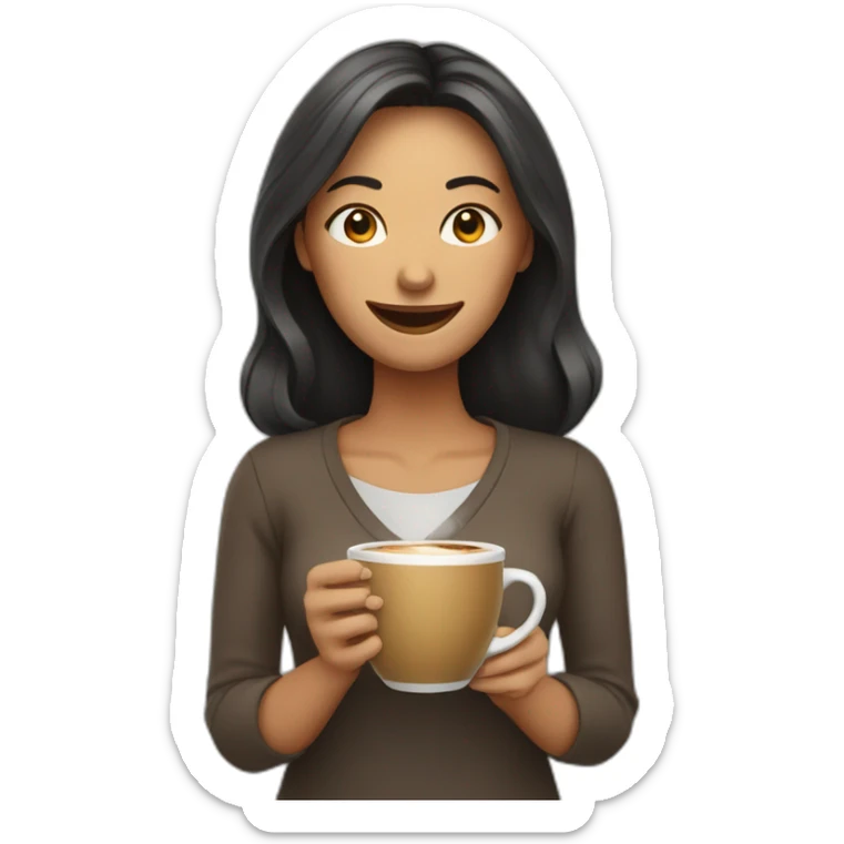 woman with face visible nervous smile  and eyes wide open holding a cup of coffee sticker