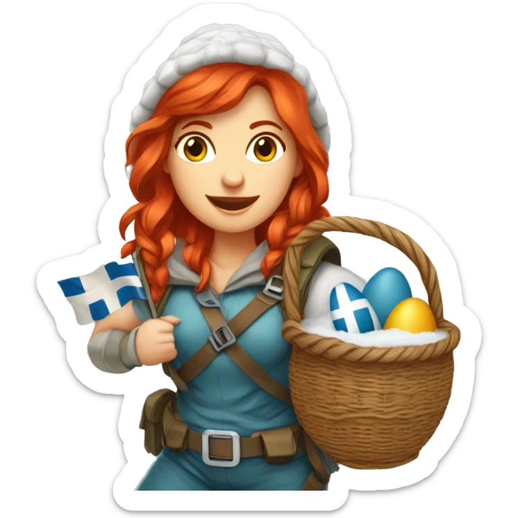 red hair female winter mountaineer climbing with Easter eggsbasket and Greek flag sticker