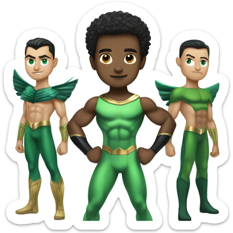 A full body Muscular Afro teenage boy standing in a green and the Sub Mariner Prince Namor with “wings on each ankle superhero costume. sticker