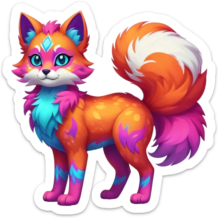 Vibrant multicolored neon-colored Falvie-Fionbri-creature-sparkle-feline-canine-hybrid-fursona, full body, fur pattern-markings sticker