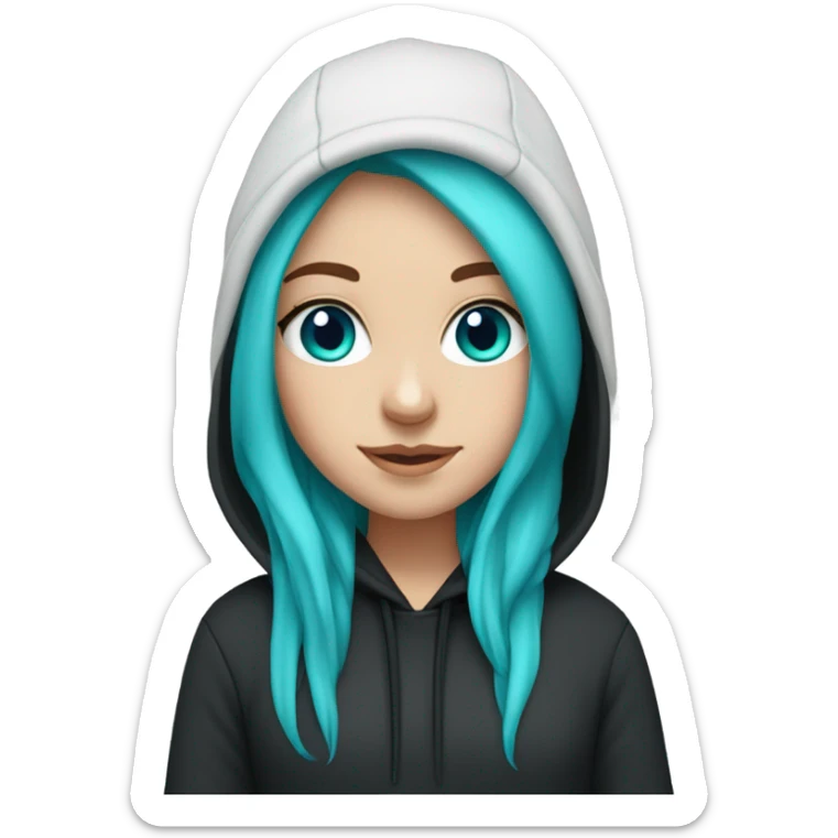 White girl, black hoodie, long teal hair, purple beanie hat, blue eyes sticker
