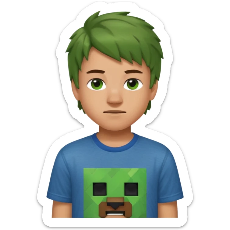 A 14 yerar old teenage boy, slightly tanned, wearing a green minecrcaft tshirt, blue jeans and green sneakers with brown tousled hair, smirking sticker