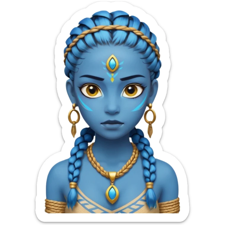 Create an icon of a Na’vi-inspired female character with glowing blue skin, braided hair, tribal forehead markings, large expressive eyes, gold earrings, and a rope necklace with a golden pendant. The expression should be calm and serious, matching the style of the movie Avatar sticker