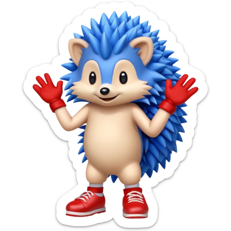 a blue hedgehog that has arms and legs with a tan chest fur, and some gloves and red and white shoes sticker