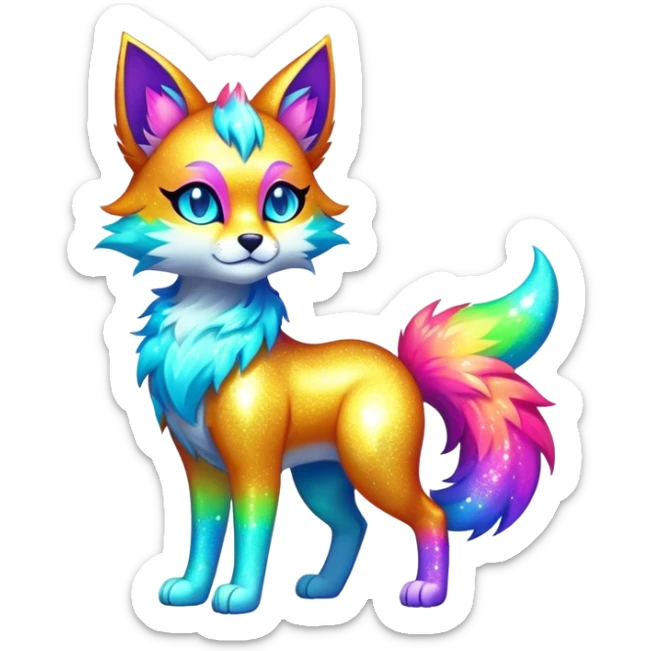 Vibrant multicolored neon-colored Falvie-Fionbri-creature-sparkle-feline-canine-hybrid-fursona, full body sticker