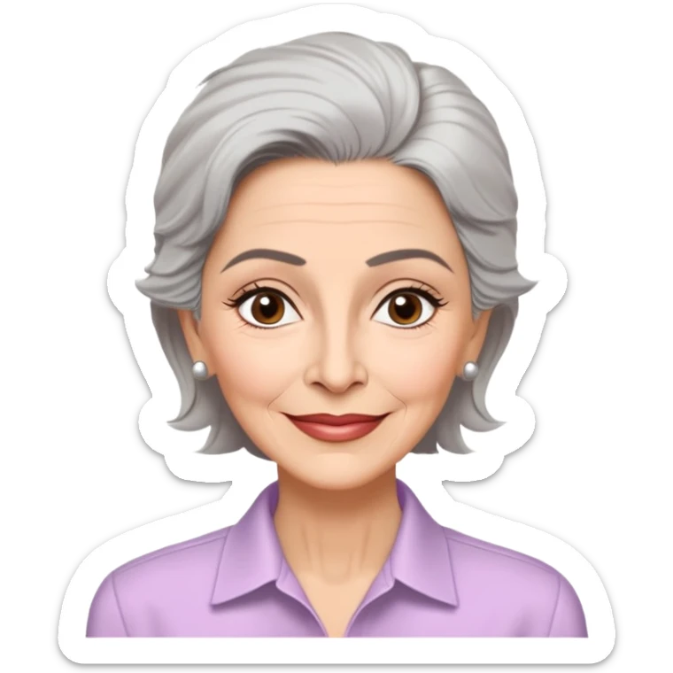 Older Puerto Rican actress Marian Pabón with elongated face, light pinkish skin, almond-shaped expressive eyes, straight nose, well-defined lips with wide smile, arched eyebrows, pronounced cheekbones, short spiky gray hair like a man's cut, more wrinkles, wearing a white buttoned shirt sticker